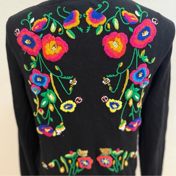Anthropologie HWR Monogram Black Cardigan with Colorful Floral Embroidery - Picture 5 of 5